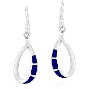 Cute Open Teardrop with Simulated Blue Lapis-Lazuli Inlay .925 Sterling Sliver Dangle Earrings