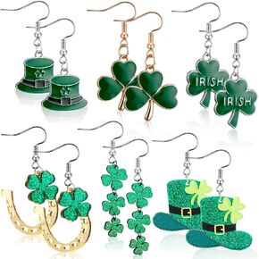 Henoyso 6 Pairs St. Patrick's Day Earrings Acrylic Stud Clover Dangling Earrings Irish Shamrock Dangle Earrings for Women