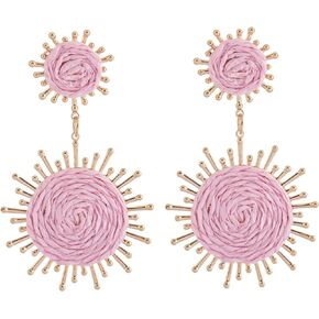 Handmade Raffia Dangle Earring - Boho Statement Sunburst Earrings for Summer Beach Vacation