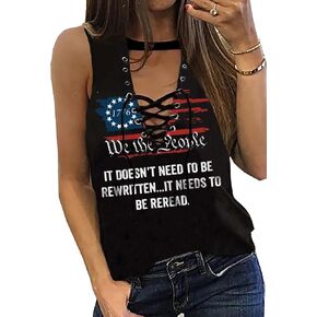 American Flag Lace Up Tank Tops for Women 4th of July Shirts Sleeveless Stars Stripes US Flag Patriotic Tee Tops