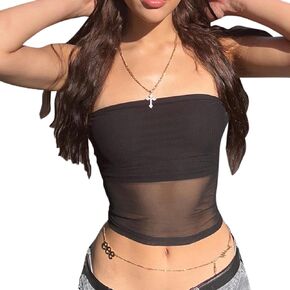 Women Sexy Bandeau Tube Tops Lace See Through Sleeveless Y2K Bustier Mesh Camisole Summer Crop Tops