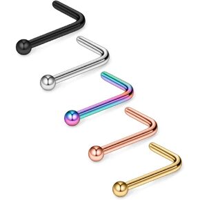 Ruifan 5PCS 20G Mix Color 316L Surgical Steel Nose L Shaped Studs Rings Curved Piercing Jewelry with 1.5mm Ball