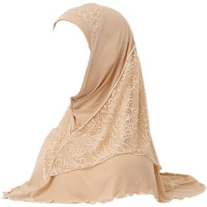 Muslim Hijab Scarves for Girls Women over 15 Years Old Lace Stitched Hat with Long Scarf Silky and Unwrinkled Muslim Turban