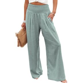 Women Cotton Linen Pants Loose Beach Elastic High Waist Casual Wide Leg Palazzo Yoga Lounge Trousers with Pockets