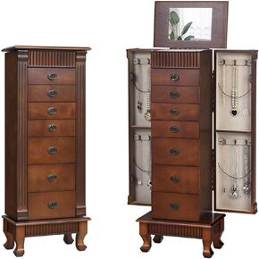 HOMGX Cabinet Chest, Makeup Mirror and Top Divided Storage Organizer, Large Standing Jewelry Armoire with 7 Drawers, 2 Swing Doors, 12 Necklace Hooks