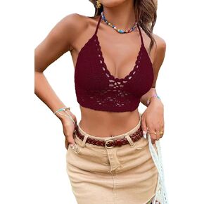 SOLY HUX Women's White Crochet Tie Backless V Neck Halter Knit Top