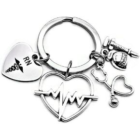 Kit's Kiss RN Registered Nurse Keychain Registered Nurse Gift Stethoscope Syringe ECG/EKG Heartbeat Caduceus Medical Symbol Charm Nurse Student Nurse Graduation Gift
