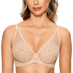 DOBREVA Women's Sexy See Through Bra Lace Unlined Plunge Bralette Minimizer Underwire Bras