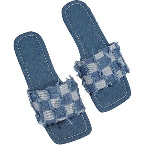 GORGLITTER Women's Checkered Pattern Raw Trim Flat Sandals Fashion Denim Slide Sandals