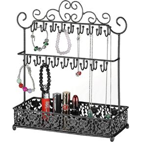 Retrome Jewelry Display Stand Necklace Holder with Ring Tray, 36-Hook, Black…