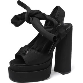 vivianly Lace Up Platform Ankle Strap Heeled Sandals Satin Square Toe Chunky Block High Heels for Women