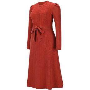 Women's Crewneck Long Sleeve Knit Long dress Elasticity Slim Fit Sweater Dress Pure color belt autumn and winter