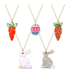 Easter Necklaces for Girls Cute Bunny Egg Pendant Necklace Long Gold Chain Crystal Rhinestone Carrot Charm Teardrop Necklace Bulk Easter Festival jewelry Gift