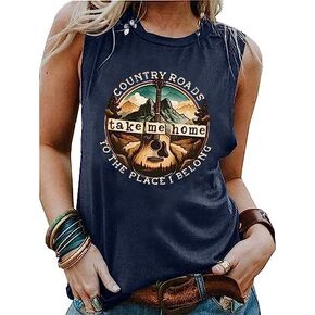 Country Roads Take Me Home to The Place I Belong Tank Top Women Country Music T-Shirts Guitar Graphic Vintage Tee Vest