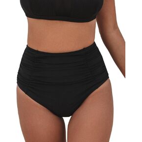 CUPSHE Women's High Wasited Bikini Bottom Shirred Tummy Control Swimsuit Full Coverage Retro Swim Bottom(XS-4XL)