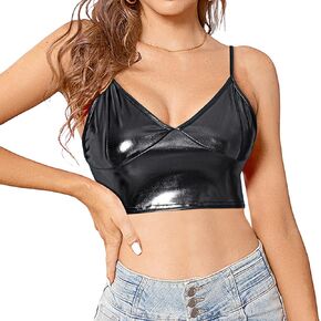Women's Shiny Crop Top Party Dance Night Out Metallic Spaghetti Strap Cami Tank Top