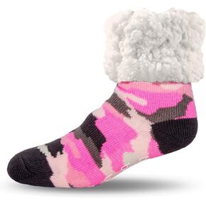 Pudus Camo Pink Cozy Winter Slipper Socks for Women and Men with Non-Slip Grippers and Faux Fur Sherpa Fleece - Adult Regular Fuzzy Socks