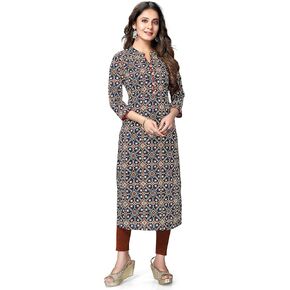 Rajnandini Women's Pure Cambric Cotton Jaipuri Printed Kurti (JOPLJPR44-Navy Blue & Red)