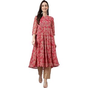 Janasya Indian Women's Dark Pink Chiffon Lurex Floral Printed flared Kurta