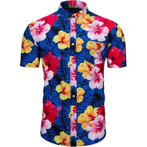 TUNEVUSE Mens Flower Shirt Short Sleeve Floral Button Down Hibiscus Pattern Aloha Shirts
