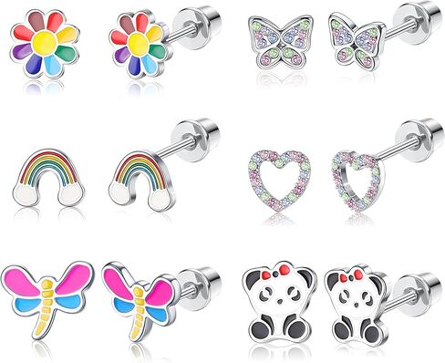 FUNRUN JEWELRY 6 أزواج من الأقراط المسمارية المضادة للحساسية للنساء 316L من الفولاذ المقاوم للصدأ على شكل قلب قوس قزح وزهرة فراشة متعددة الألوان على أقراط مسمارية in Kuwait