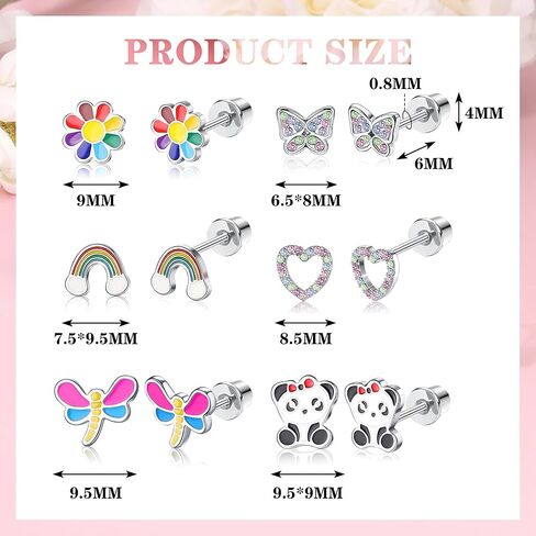 FUNRUN JEWELRY 6 أزواج من الأقراط المسمارية المضادة للحساسية للنساء 316L من الفولاذ المقاوم للصدأ على شكل قلب قوس قزح وزهرة فراشة متعددة الألوان على أقراط مسمارية in Kuwait