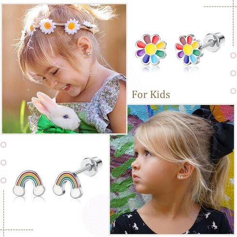 FUNRUN JEWELRY 6 أزواج من الأقراط المسمارية المضادة للحساسية للنساء 316L من الفولاذ المقاوم للصدأ على شكل قلب قوس قزح وزهرة فراشة متعددة الألوان على أقراط مسمارية in Kuwait