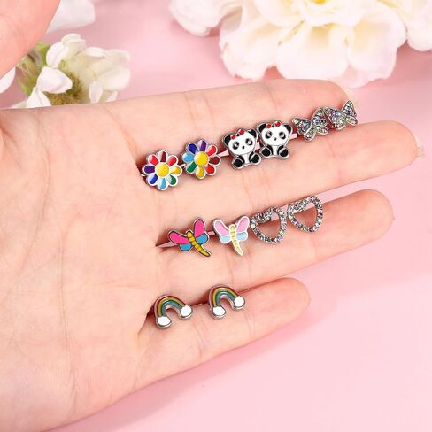 FUNRUN JEWELRY 6 أزواج من الأقراط المسمارية المضادة للحساسية للنساء 316L من الفولاذ المقاوم للصدأ على شكل قلب قوس قزح وزهرة فراشة متعددة الألوان على أقراط مسمارية in Kuwait