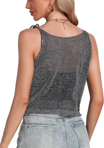 Vrtige Women's Sexy See Through Cami Top Glitter Sheer Mesh Tie Shoulder Sleeveless Party Shirt in Saudi Arabia