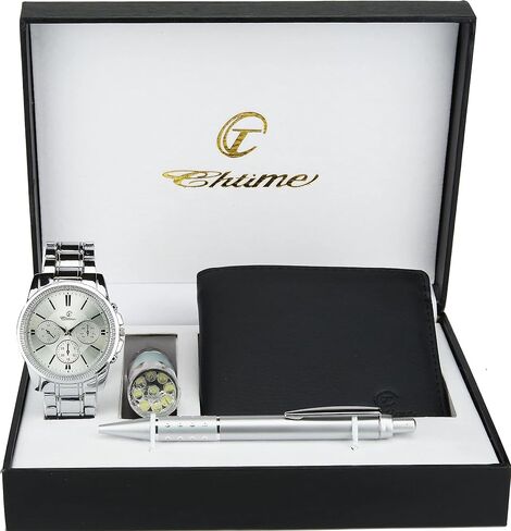 Gift Set Men's Watch Silver- LED Lamp LED - Wallet -Pen in Saudi Arabia