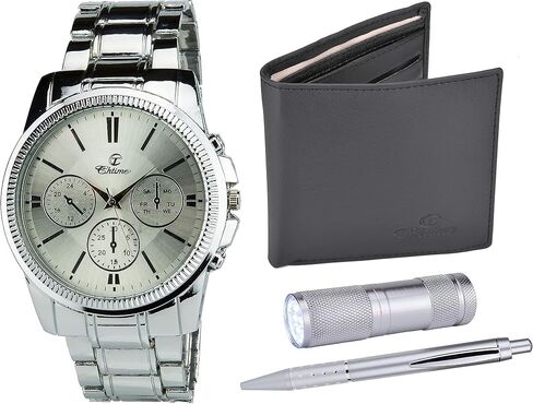 Gift Set Men's Watch Silver- LED Lamp LED - Wallet -Pen in Saudi Arabia