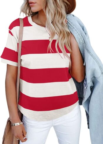 Sovelen Women's Summer Casual Striped Color Block Tops Short Sleeve Round Neck Summer Tee T-Shirts in Saudi Arabia