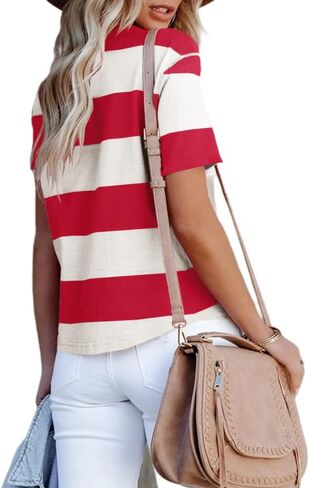 Sovelen Women's Summer Casual Striped Color Block Tops Short Sleeve Round Neck Summer Tee T-Shirts in Saudi Arabia
