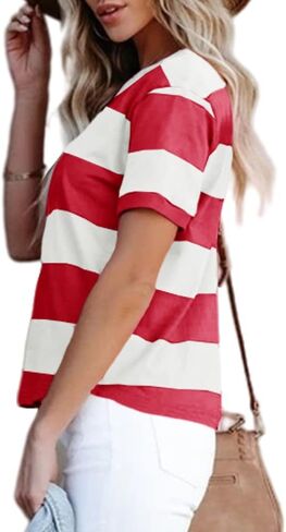 Sovelen Women's Summer Casual Striped Color Block Tops Short Sleeve Round Neck Summer Tee T-Shirts in Saudi Arabia
