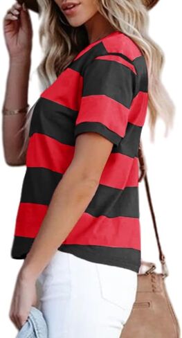 Sovelen Women's Summer Casual Striped Color Block Tops Short Sleeve Round Neck Summer Tee T-Shirts in Saudi Arabia