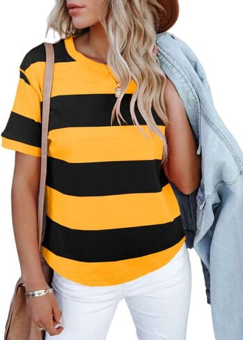 Sovelen Women's Summer Casual Striped Color Block Tops Short Sleeve Round Neck Summer Tee T-Shirts in Saudi Arabia
