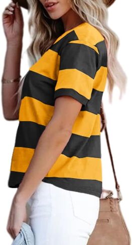 Sovelen Women's Summer Casual Striped Color Block Tops Short Sleeve Round Neck Summer Tee T-Shirts in Saudi Arabia