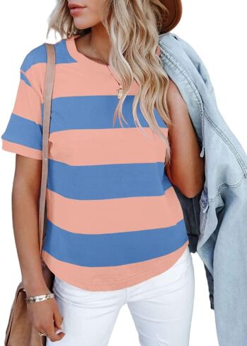 Sovelen Women's Summer Casual Striped Color Block Tops Short Sleeve Round Neck Summer Tee T-Shirts in Saudi Arabia