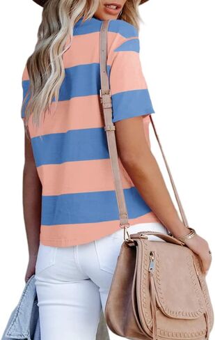 Sovelen Women's Summer Casual Striped Color Block Tops Short Sleeve Round Neck Summer Tee T-Shirts in Saudi Arabia