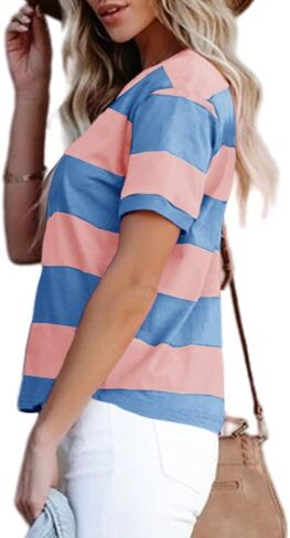 Sovelen Women's Summer Casual Striped Color Block Tops Short Sleeve Round Neck Summer Tee T-Shirts in Saudi Arabia