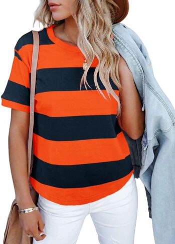 Sovelen Women's Summer Casual Striped Color Block Tops Short Sleeve Round Neck Summer Tee T-Shirts in Saudi Arabia