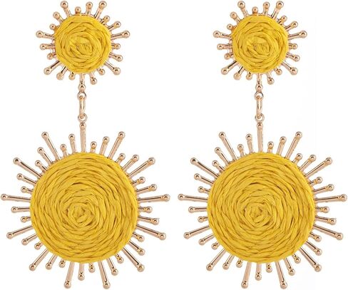 Handmade Raffia Dangle Earring - Boho Statement Sunburst Earrings for Summer Beach Vacation in Saudi Arabia