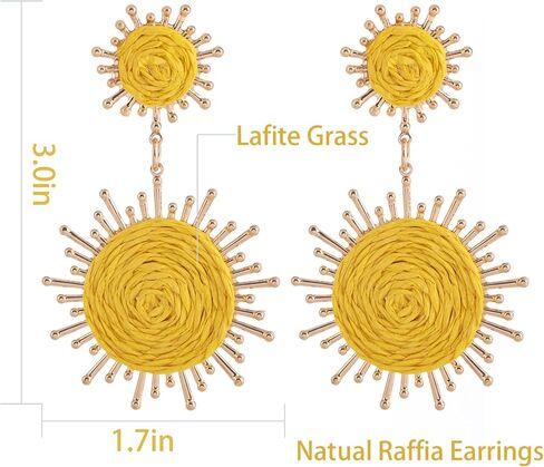 Handmade Raffia Dangle Earring - Boho Statement Sunburst Earrings for Summer Beach Vacation in Saudi Arabia