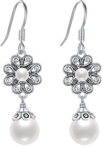 Pearl Earrings for Women Sterling Silver Pearl Flower Dangle Earrings Pearl Drop Earrings Pearl Wedding Earrings Jewelry Birthday Christmas Gifts for Bridal Mom Grandma Wife Girlfriend in Kuwait