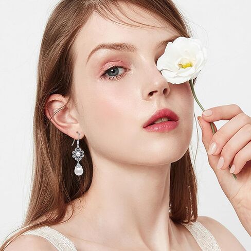 Pearl Earrings for Women Sterling Silver Pearl Flower Dangle Earrings Pearl Drop Earrings Pearl Wedding Earrings Jewelry Birthday Christmas Gifts for Bridal Mom Grandma Wife Girlfriend in Kuwait