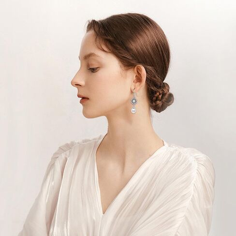 Pearl Earrings for Women Sterling Silver Pearl Flower Dangle Earrings Pearl Drop Earrings Pearl Wedding Earrings Jewelry Birthday Christmas Gifts for Bridal Mom Grandma Wife Girlfriend in Kuwait