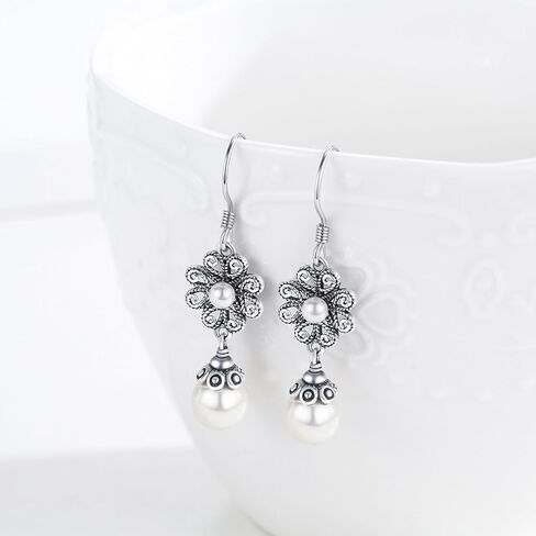 Pearl Earrings for Women Sterling Silver Pearl Flower Dangle Earrings Pearl Drop Earrings Pearl Wedding Earrings Jewelry Birthday Christmas Gifts for Bridal Mom Grandma Wife Girlfriend in Kuwait