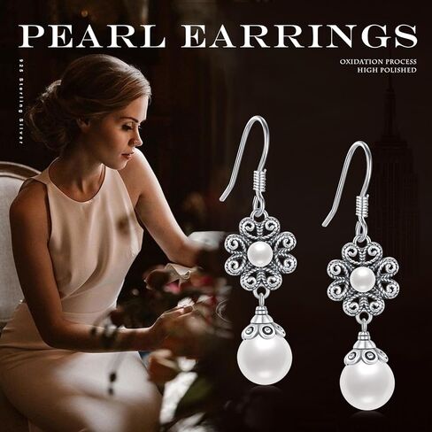Pearl Earrings for Women Sterling Silver Pearl Flower Dangle Earrings Pearl Drop Earrings Pearl Wedding Earrings Jewelry Birthday Christmas Gifts for Bridal Mom Grandma Wife Girlfriend in Kuwait