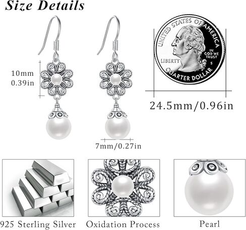 Pearl Earrings for Women Sterling Silver Pearl Flower Dangle Earrings Pearl Drop Earrings Pearl Wedding Earrings Jewelry Birthday Christmas Gifts for Bridal Mom Grandma Wife Girlfriend in Kuwait