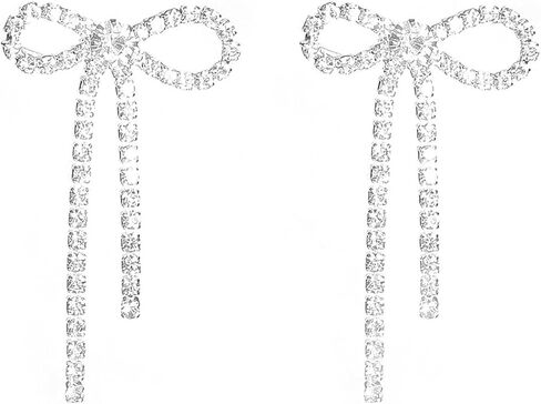 Bow Earrings for Women Girls Rhinestone Long Tassel Earrings Ribbon Bow Drop Earring Silver Stainless Steel Dangle Earrings Cute Sparkly Jewelry Gifts in Kuwait